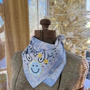 Handmade Blue Bandana Scarf with Smiley Face and Star Patches